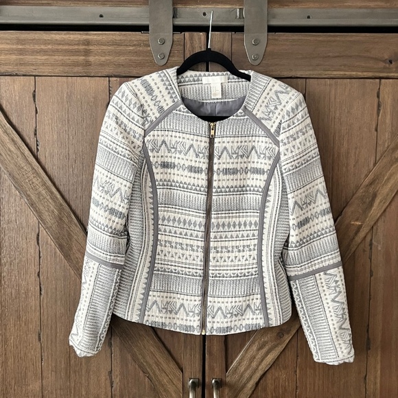 H&M Gray/Blue Cotton Blend Jacquard Full Zip Moto Jacket Blazer Size 10 EUC - Picture 2 of 6